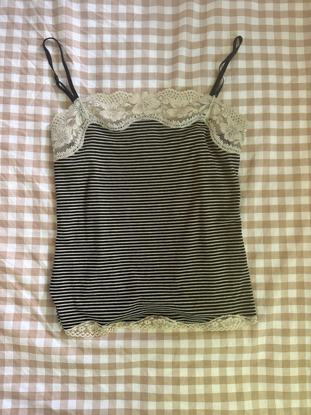 LOFT Black & Cream Striped Lace-Trim Cami